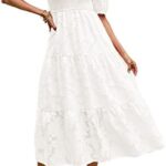 MEROKEETY Women’s 2024 Summer Puff Sleeve Smocked Floral Dress Crewneck Lace Flowy Tiered Midi Dresses