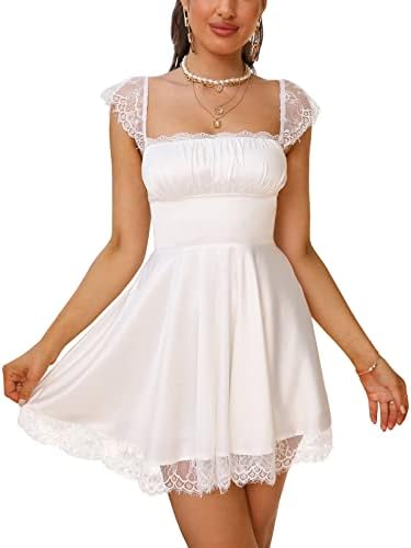 Women’s Satin Lace Strap Mini Dress Square Neck Flowy A-Line Ruffle Swing Casual Short Dresses